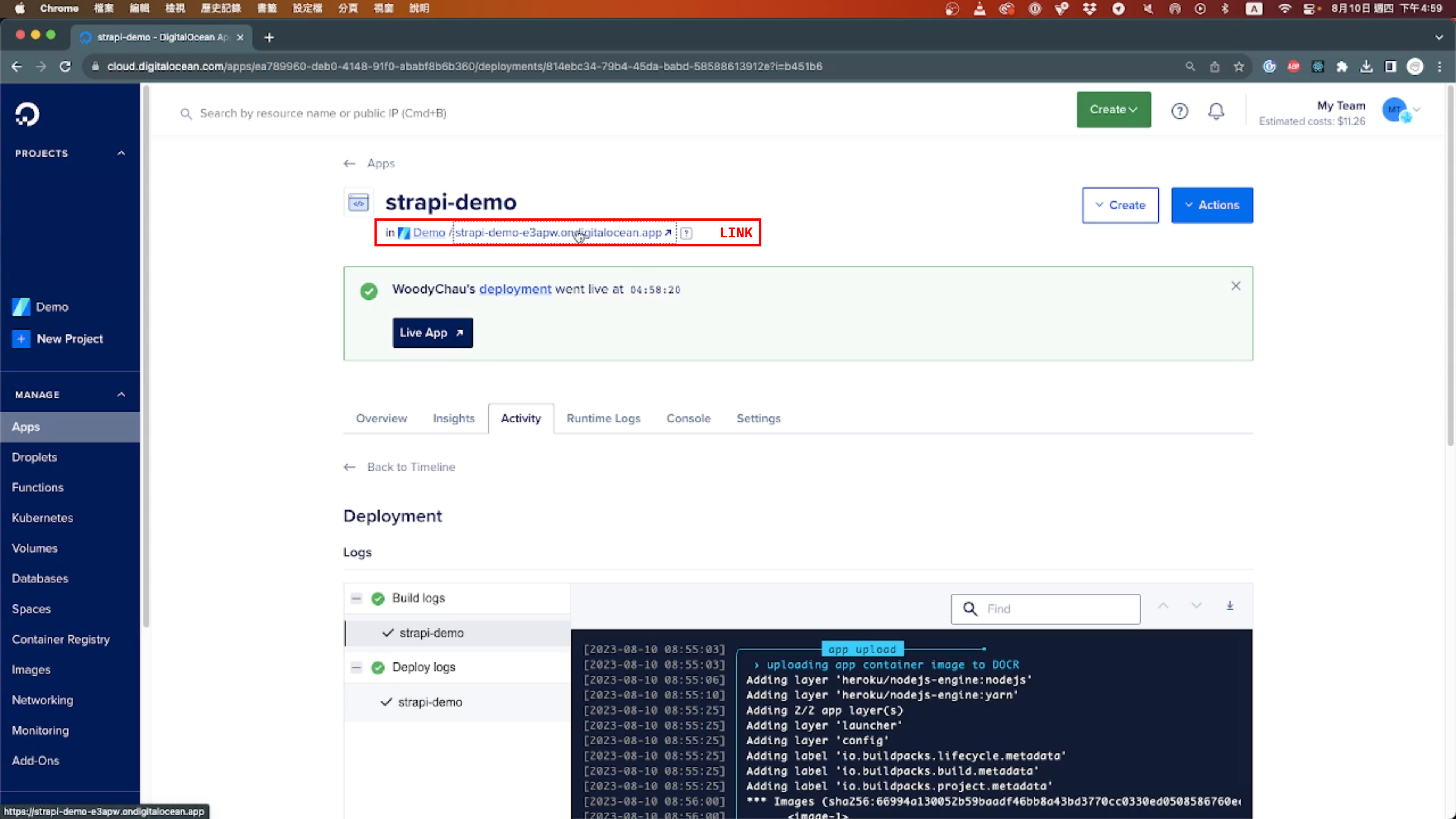 Everything is now set up. Once the deployment process is finished, you'll receive a link from DigitalOcean.