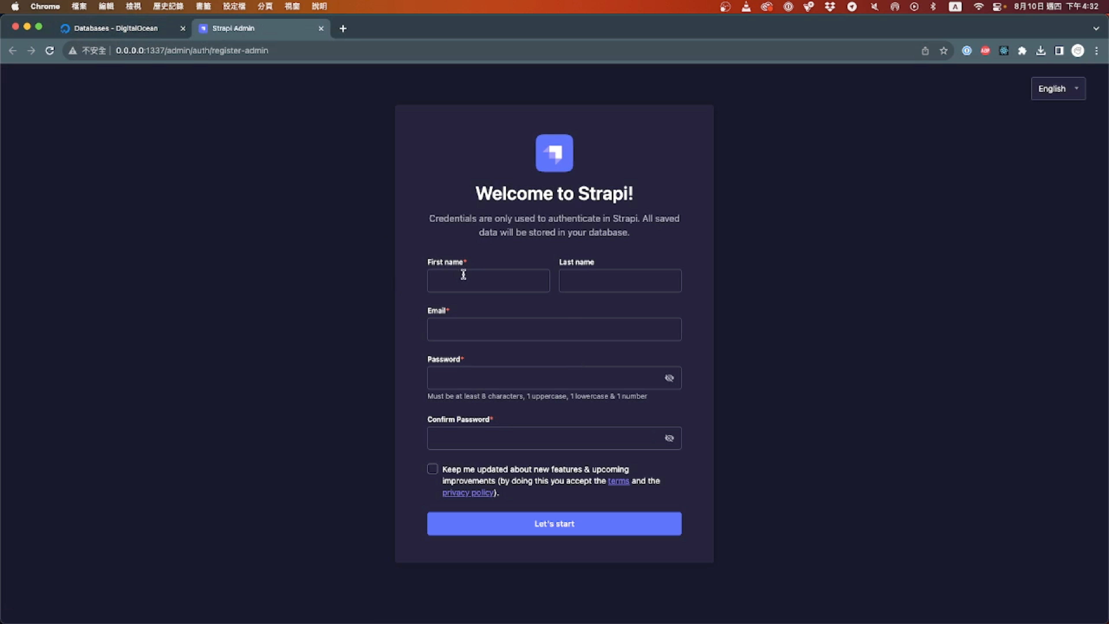 Your Strapi instance is now accessible at http://localhost:1337. During your initial login, you'll need to set up the administrator credentials.