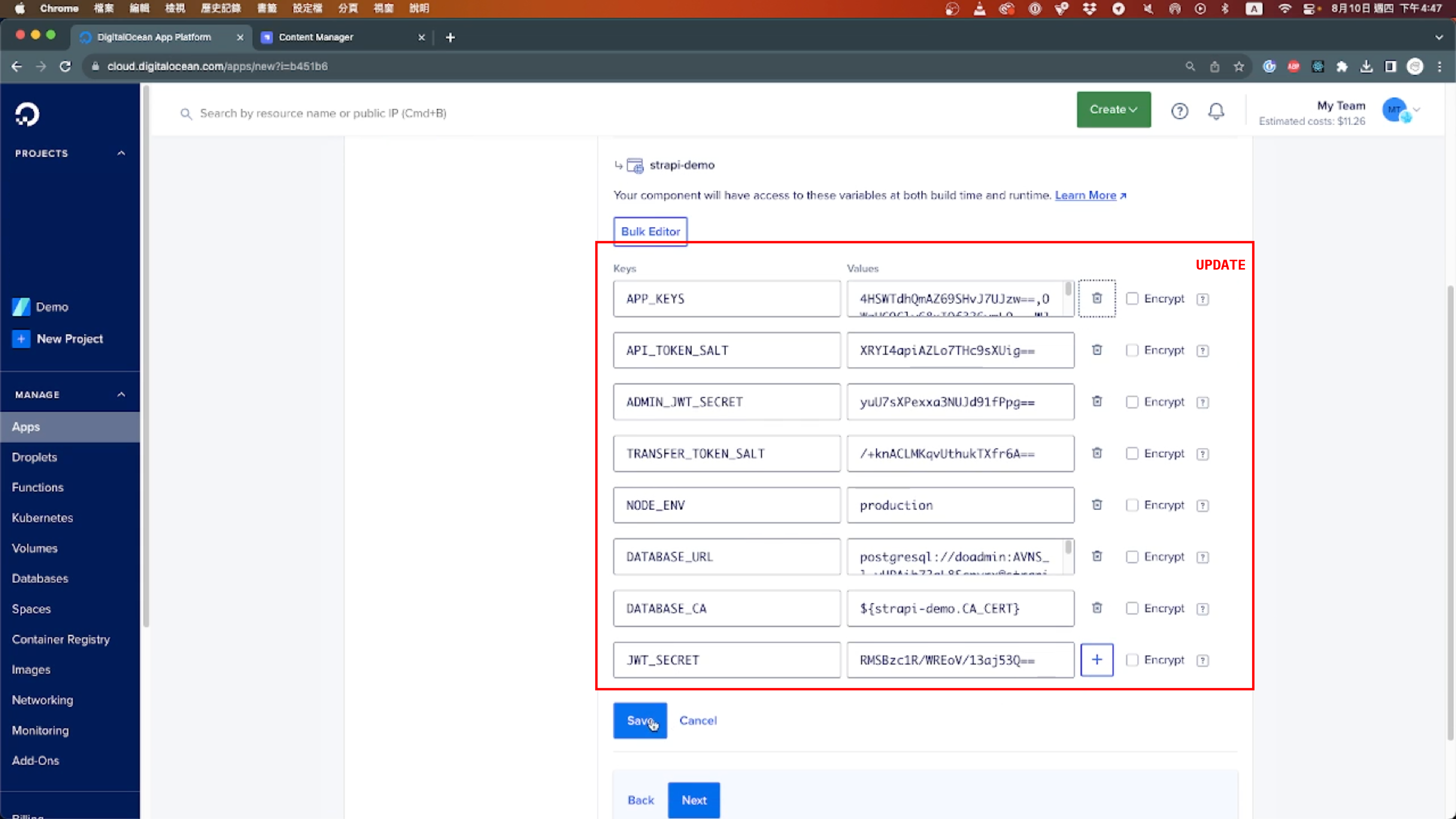 Apply the environment variables by copying and pasting them from your .env file. You don't need to include the IP and Port in this section.